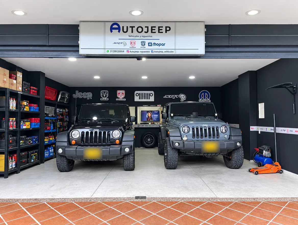 Fachada de AutoJeep en Carrera 54, Barrio Santafé, Medellín, con dos Jeep Wrangler
